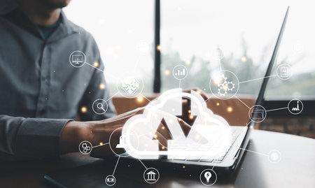 Futuristic business concept, Finger scanning on virtual screen for digital transformation change...