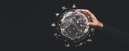 Hand holds virtual Global Internet connection metaverse in, representing intersection of business,...