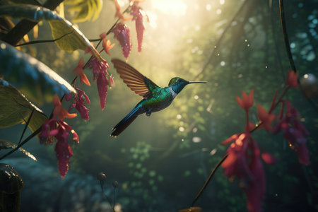 Delicate and small hummingbird perching on a branch surrounded by lush greenery in the Monteverde cloud forest. AI Generative.の素材