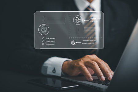 Futuristic biometric fingerprint scanner unlocking digital access to financial data, ensuring...