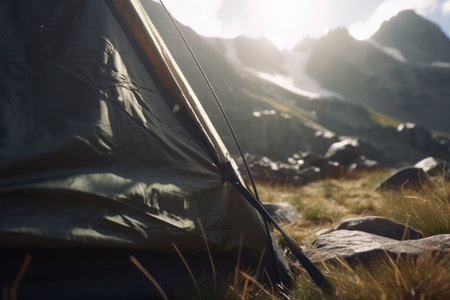 A scenic mountain view with a tent pitched in the foreground, perfect for showcasing the beauty of nature and the thrill of camping and hiking. AI Generative.の素材