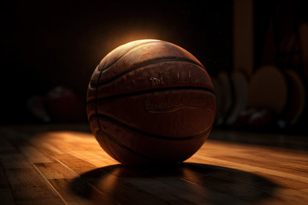 A basketball on a shiny hardwood court floor in an indoor arena with reflections and close-up detail. AI Generative.の素材