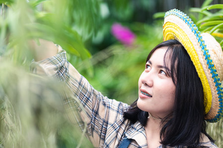 Young farmers female walking to checking orchid gardening farm, woman check quality of orchid flower in garden greenhouse, Agricultural conceptsの写真素材