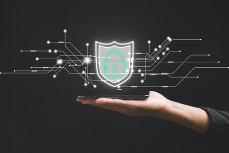 Safeguard personal and business information on smartphones with a cybersecurity concept. Business...
