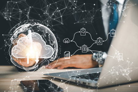 Protect business performance and explore the metaverse world map using a digital pen and cloud icon. Discover the possibilities of social media marketing and big data.の写真素材