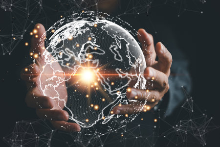 Empowering Business Intelligence, A man utilizes a digital interface to analyze big data, unlocking strategic advantages in global economy. world map composition signifies interconnected of business.の写真素材