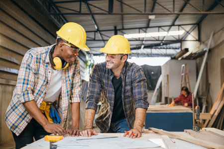 Two carpenter man wear helmet meeting planning job together at carpentry workshop, craftsmen talking...