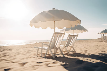 An inviting coastal scene with two beach chairs and umbrellas on the sandy shore overlooking the sea is AI Generative.の素材
