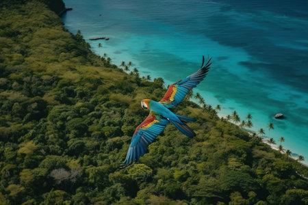 Witness the beauty of nature as a bird takes flight above a tropical beach with pristine waters and sandy shores in this stunning stock photo, AI Generative.の素材