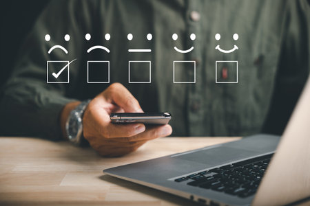 Concept of customer dissatisfaction. Negative feedback and 1-star rating in survey. Unhappy client...