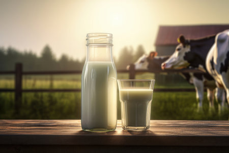 A healthy and nutritious drink. A glass jug of fresh milk on a wooden table. A cow grazes in the sunny pasture nearby. Is AI Generative.の素材