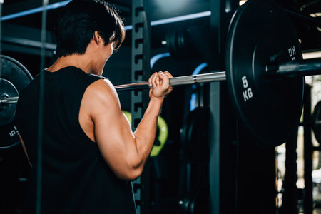 A fit and strong male athlete in sportswear, holding a barbell and lifting weights for a functional and endurance-based workout in the gym. power lifting training conceptの写真素材