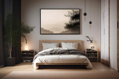 Natural light floods this cozy bedroom, creating a warm and welcoming ambiance for a good nights sleep. AI Generativeの素材
