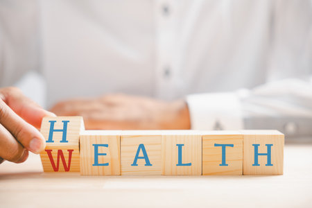 Wealth transforms Cube flip signifies health. Life insurance and healthcare investment concept. Money to well-being strategy.の写真素材