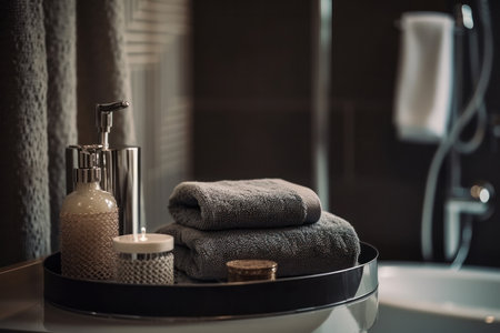 Relax and unwind with this organic bathroom decor set, featuring soft towels, scented candles, and wooden table. AI Generative.の素材