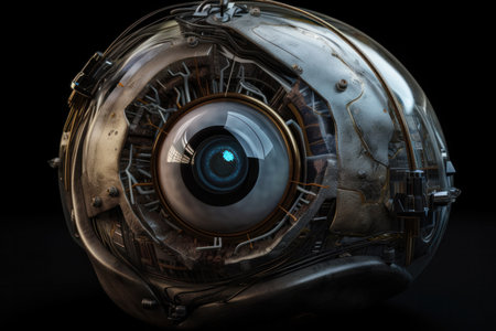 A stylized robotic eye with advanced programming and artificial intelligence, the perfect concept for modern industrial technology. Mechanical object representing a bionic eye. AI Generativeの素材