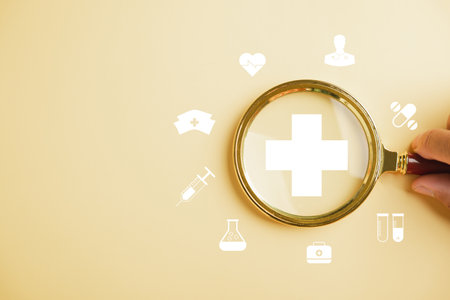 Health insurance in focus, Magnifying glass highlights plus symbol and healthcare icon. Showcases welfare health access, innovation, and quality care. health conceptの写真素材