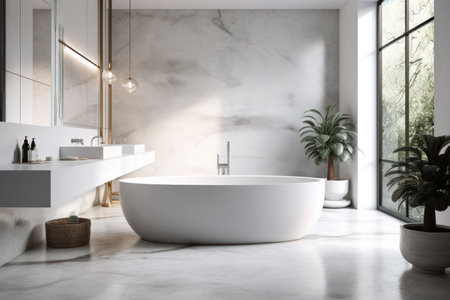 A cozy white bathtub next to a window, surrounded by stylish and contemporary decor. The perfect space for a refreshing and rejuvenating soak. AI Generative.の素材