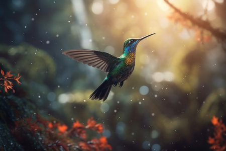 Tiny and colorful hummingbird resting on a green branch in the heart of a tropical jungle in Monteverde. AI Generative.の素材