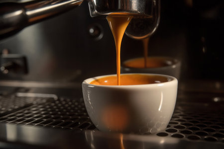 Energy-efficient coffee machine brewing a delicious cup of coffee with freshly ground beans is the perfect way to enjoy your morning. AI Generative.の素材