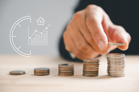 Property investments essence, Hand stacks money coins under house icon. Insure valued asset,...