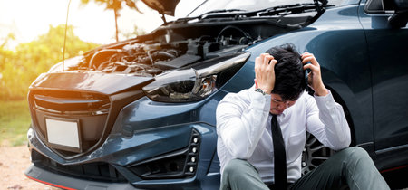 Worried man holding head by hands next to his broken car on rural road, calling for roadside...