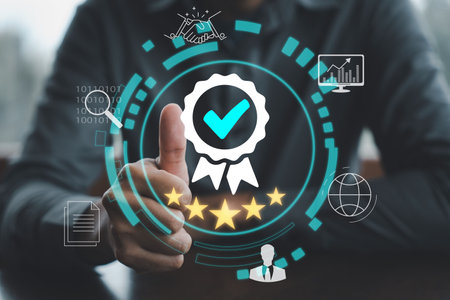 Standardizing products and services in business, ISO certification and quality auditor support. Businessman giving thumbs up to show certified assured service. Performance evaluation customer feedbackの写真素材