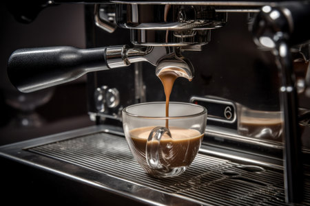 High-quality coffee machine brewing a flavorful cup of cappuccino with frothed milk is the perfect addition to any home or office. AI Generative.の素材