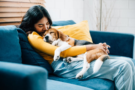 Embracing the essence of trust and love, a young Asian woman and her Beagle dog nap together on the sofa in their living room, highlighting their bond and togetherness. Pet loveの写真素材