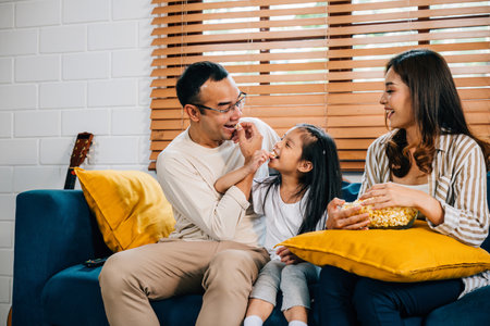 In their comfortable living room family enjoys quality time watching TV with popcorn. father mother daughter and sibling are all smiles fostering togetherness and happiness.の写真素材