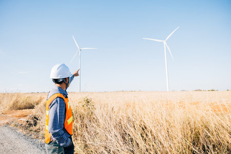 Man engineer in hardhat checks windmill farm. Generating clean electricity an Asian technician...