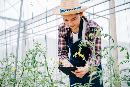Tablet assists agronomist in tomato farm research for heightened production. Woman biologist...