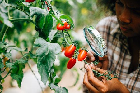 Botanist with a magnifying glass inspects a tomato plant for lice checking vegetable quality for herbology research. Expertise and learning in plant science and farming practices.の写真素材