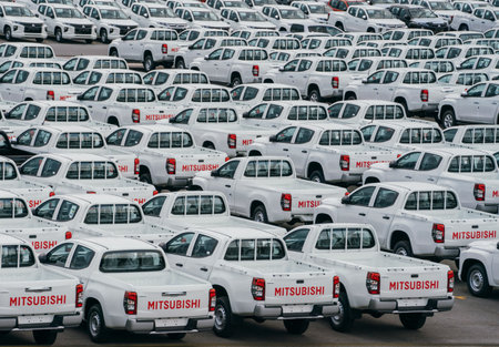 Lamchabang, Thailand - July 02, 2023 the car factory, the distribution center is full of brand new cars. top view reveals the crowded parking, epitomizing modern manufacturing and business.のeditorial素材
