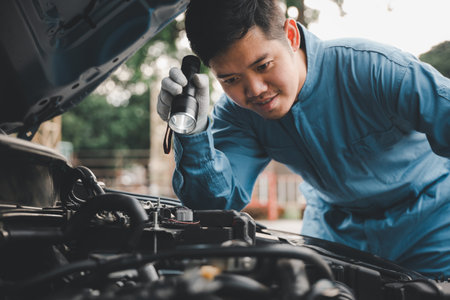 Young repairman analyzing car problems with an electric lamp on the road. Expert car mechanic repairer checking and repairing auto engine.の写真素材