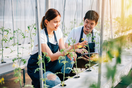 Cheerful Asian couple proud farmers happily working in greenhouse holding organic tomatoes and vegetables. Their confidence happiness reflect successful family-owned business in modern horticulture.の写真素材