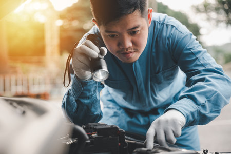 Car mechanic service technician analyzing auto engine problems with an electric lamp on the cradle. Expert repairing a car in the workshop.の写真素材