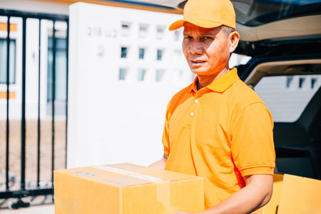 A smiling man a logistic worker in uniform delivering cardboard boxes to a recipient at home. Illustrating efficient delivery service with a confident portrait of the worker.の写真素材