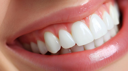 Macro shot of a perfect smile with aligned white teeth, a product of AI generative artistry.の素材