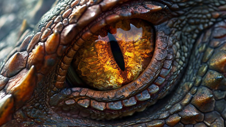 Detailed view of a dragon's eye, with a landscape reflection, an AI generative creation.の素材