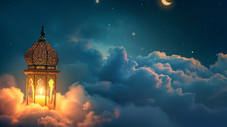 A lantern floating among clouds against a night sky, evoking wonder and tranquility is AI Generative.の素材
