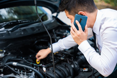 Asian businessman calling his car insurance after having a vehicle breakdown on the road. He wearing...