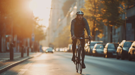 Cyclist commuting in a city during sunrise. This photograph is AI Generative.の素材