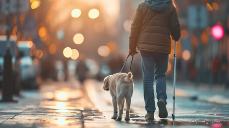 A man and his guide dog walk down a wet urban street as the city lights reflect around them. AI Generative.の素材