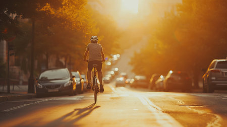 The warmth of the city at sunrise, captured with a cyclist heading towards the light is AI Generative.の素材