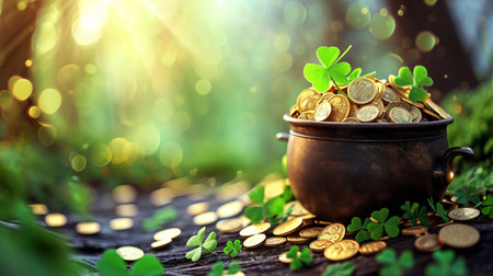A pot of gold with shamrocks presents a fairy-tale-like image of St. Patrick's Day, suitable for AI generative concepts.の素材
