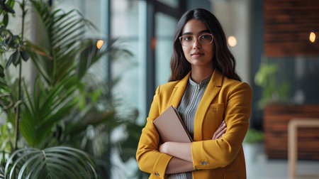 A poised professional woman in a yellow blazer holding a folder, exuding confidence in an office setting is AI Generative.の素材