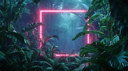 Neon lights frame the lush greenery of a jungle at night, creating a surreal, AI Generative artworkの素材