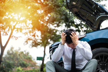 Young businessman calling for help with his broken down car on the side of a rural road. Concept of transportation problems and assistance.の写真素材