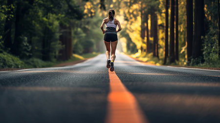 The focused rhythm of a woman's morning run, a path of determination laid out before her - AI Generativeの素材